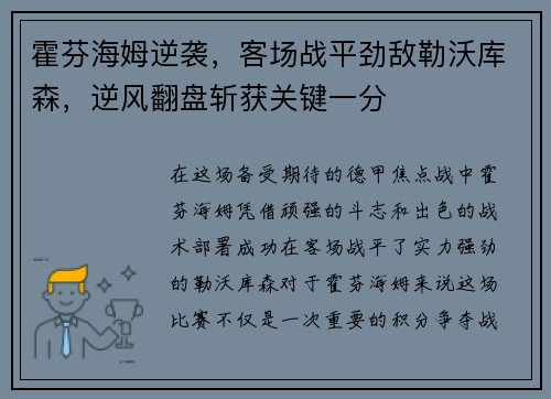 霍芬海姆逆袭，客场战平劲敌勒沃库森，逆风翻盘斩获关键一分